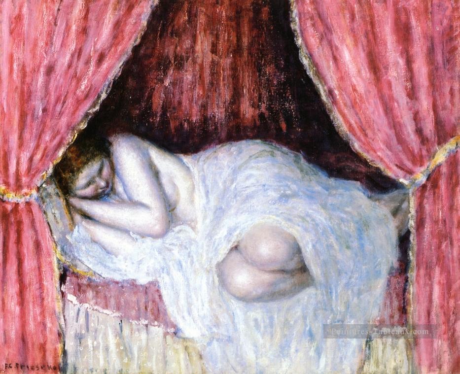 Nu derrière les rideaux rouges Impressionniste femmes Frederick Carl Frieseke Peintures à l'huile